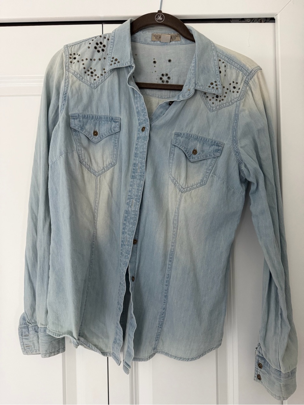 Nine West Light Blue Stud-Trim Denim Button-Down Shirt